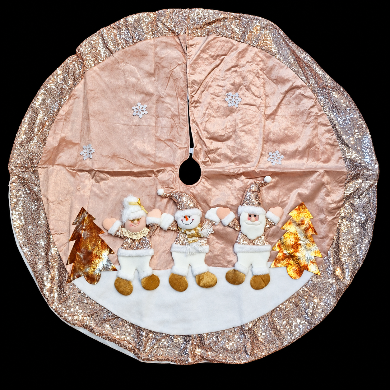 Covoraș Decorativ pentru Bradul de Crăciun Roz Auriu cu Paiete si Figurine Festive - 120cm
