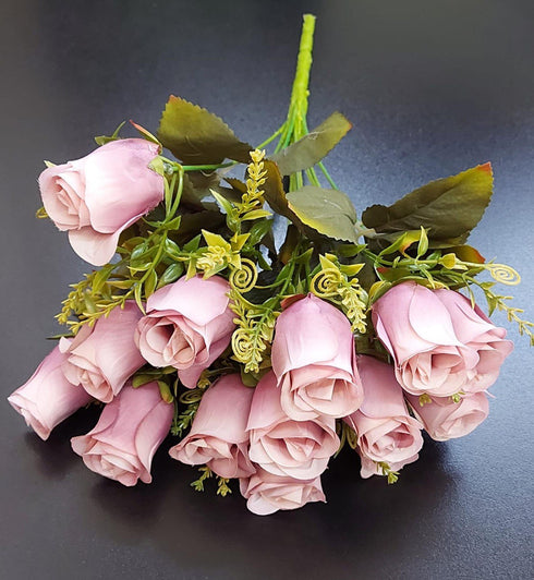 Buchet 14 trandafiri roz vintage artificiali – 41 cm, tije sârmă, material textil