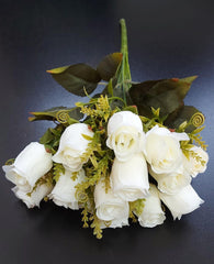 Buchet 14 trandafiri albi artificiali – 41 cm, tije sârmă, material textil