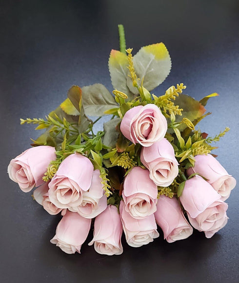 Buchet 14 trandafiri roz pal artificiali – 41 cm, tije sârmă, material textil
