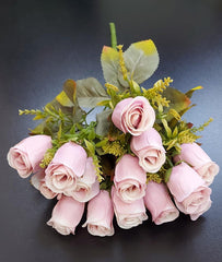 Buchet 14 trandafiri roz pal artificiali – 41 cm, tije sârmă, material textil