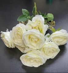 Buchet 9 trandafiri crem artificiali – 47cm, tije sârmă, material textil