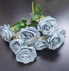 Buchet 9 trandafiri bleu artificiali – 47cm, tije sârmă, material textil