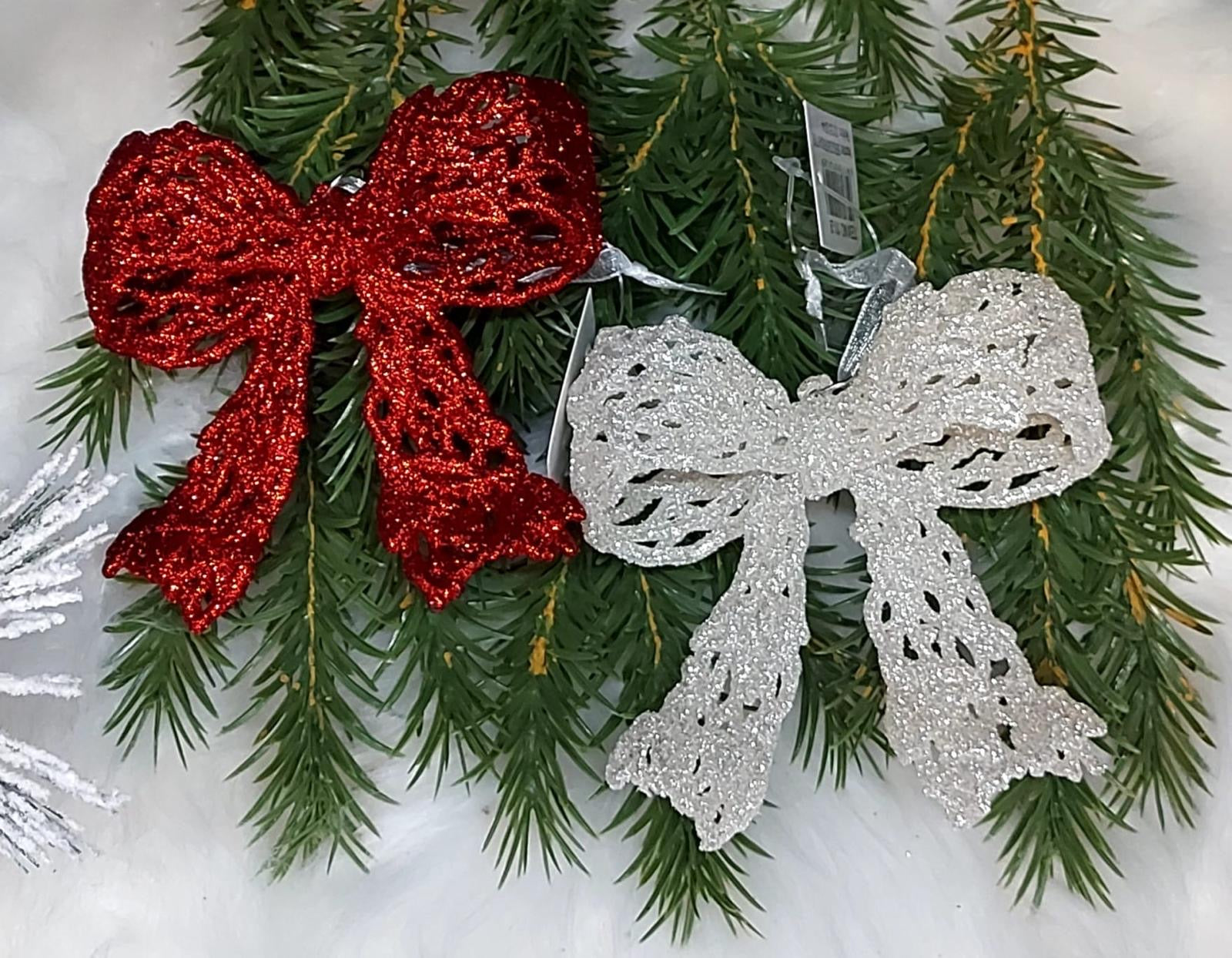 Set 12 ornamente de Crăciun în formă de fundă, cu sclipici – Roșu sau Argintiu - 12x10cm
