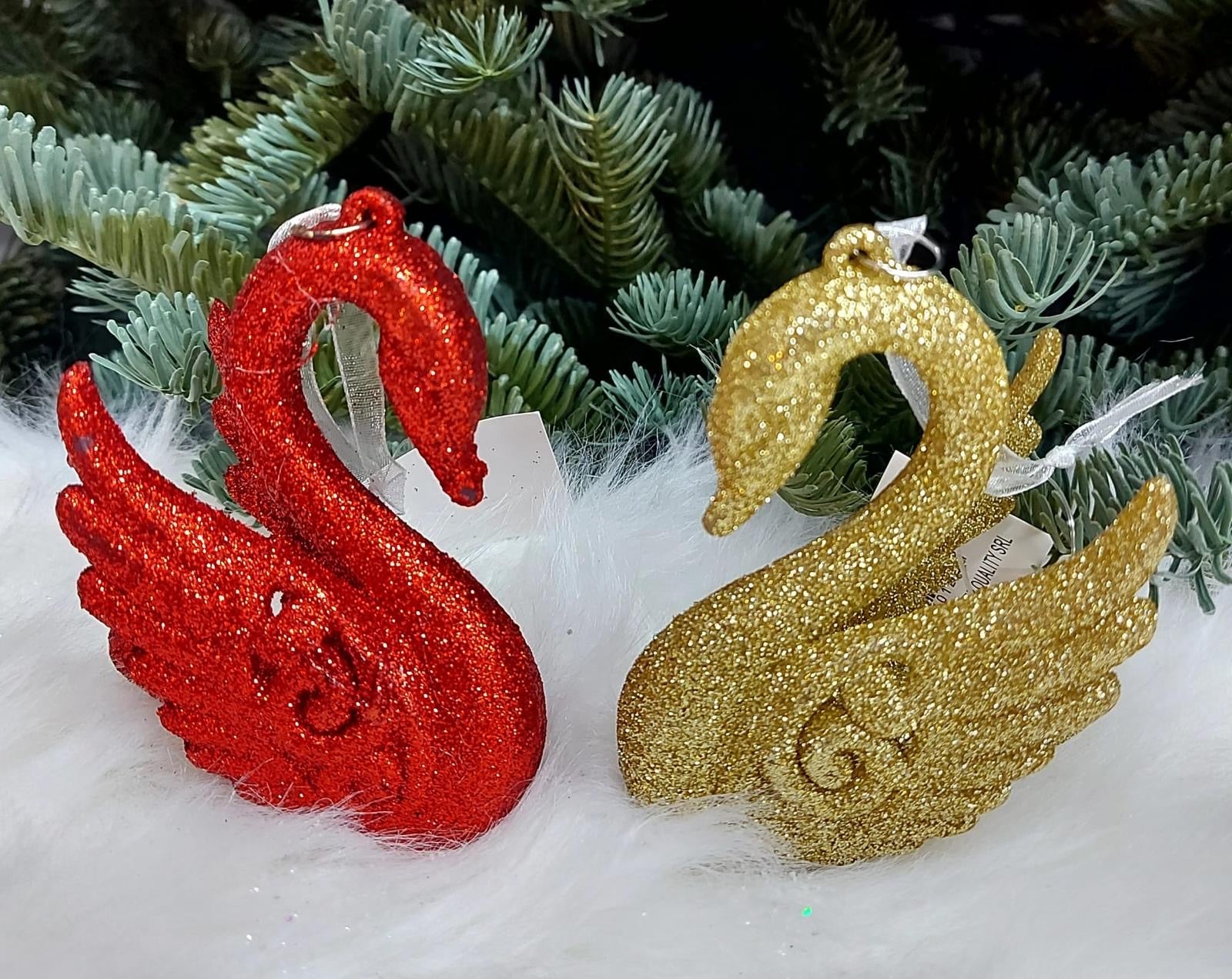 Set 12 ornamente de Crăciun în formă de lebădă, cu sclipici – Roșu sau Auriu - 8cm