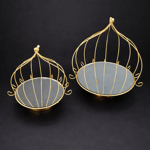 Set 2 tăvi decorative aurii tip colivie cu oglindă Ø - 25/20cm