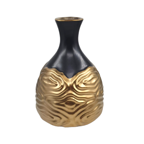 Vază decorativă ceramică 20 cm – design negru cu auriu texturat, stil modern (98-18)