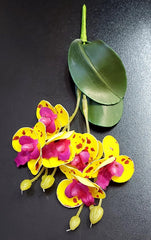 Mini Orhidee artificială galbenă cu accente mov – 20cm, decor exotic și vibrant