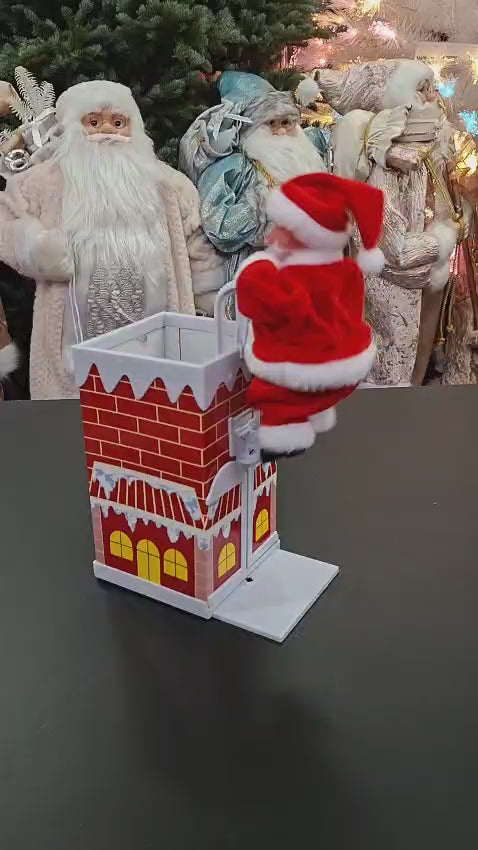 Moș Crăciun ieșind din horn, decor animat cu baterii - 25cm