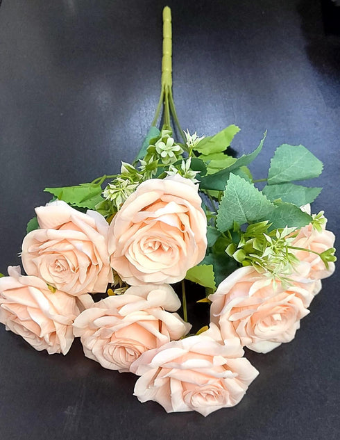 Buchet 7 trandafiri roz pal artificiali – 45 cm, tije sârmă, material textil