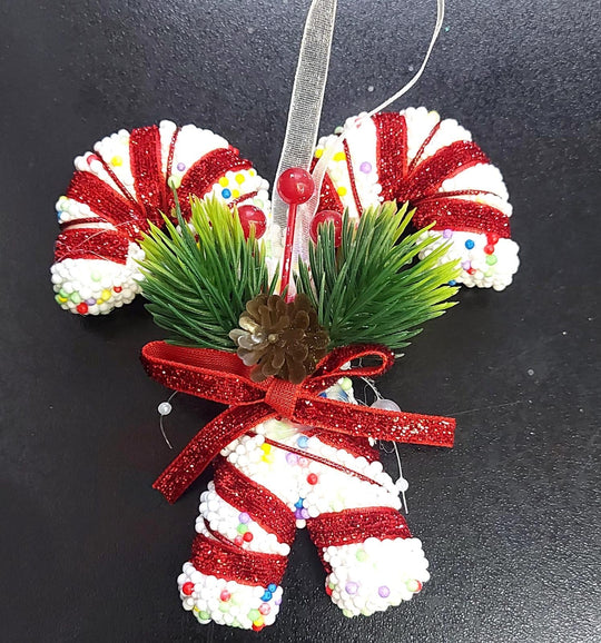 Decorațiune bastonașe Crăciun alb-roșu cu con și crenguțe 11cm 10/set