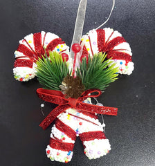 Decorațiune bastonașe Crăciun alb-roșu cu con și crenguțe 11cm 10/set
