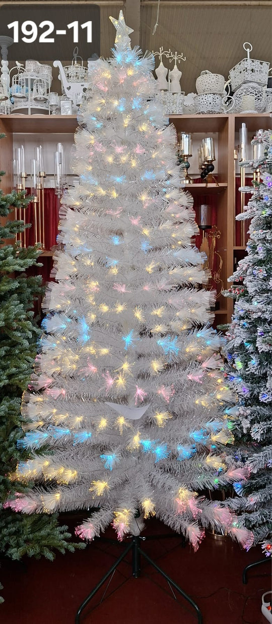 Brad artificial de Crăciun alb cu fibre optice și lumini LED multicolore, disponibil în 4 mărimi