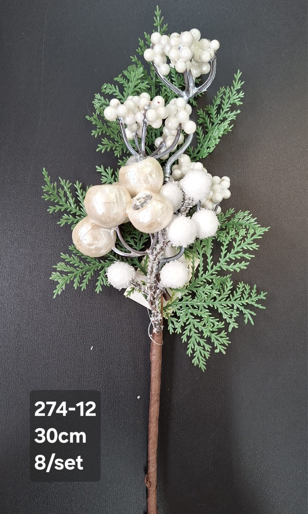 Crenguță artificială de Crăciun cu fructe albe și frunze verzi – 30cm 8/set