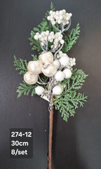 Crenguță artificială de Crăciun cu fructe albe și frunze verzi – 30cm 8/set