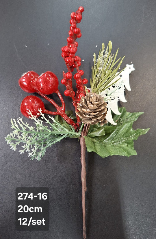 Crenguță artificială de Crăciun cu con și brăduț decorativ – 20cm 12/set
