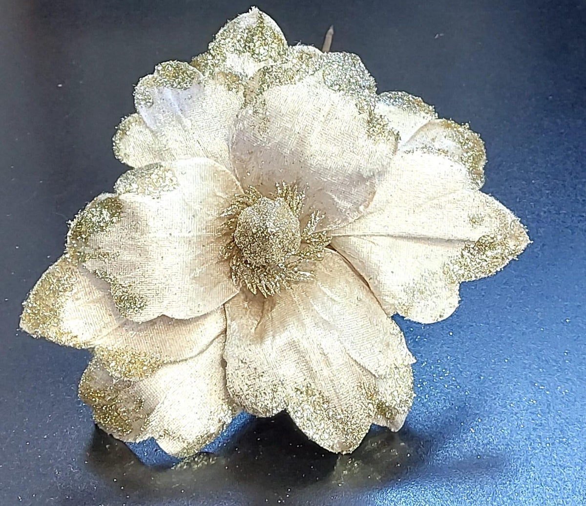 Flori Crăciun aurii cu sclipici – flori decorative 10/set