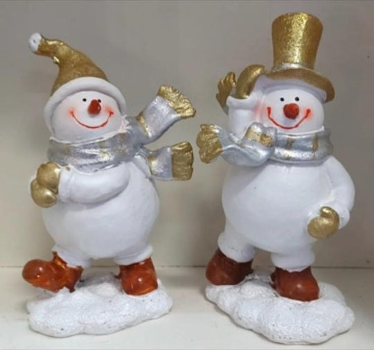 Omuleți de zăpadă – decor ceramic Crăciun alb-auriu 2/set 15cm
