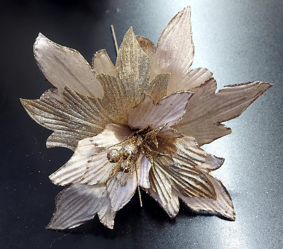 Flori Crăciun bej-aurii cu sclipici 10/set