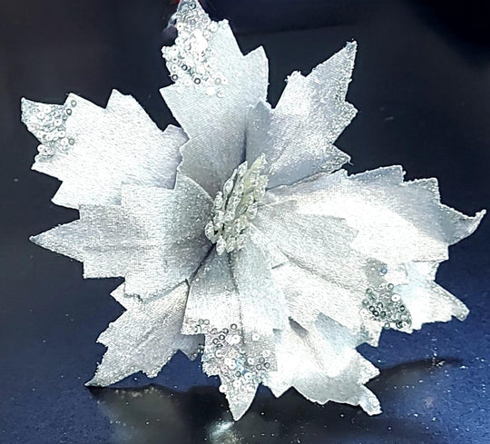 Crăciunițe artificiale argintii cu paiete – flori decorative elegante 10/set