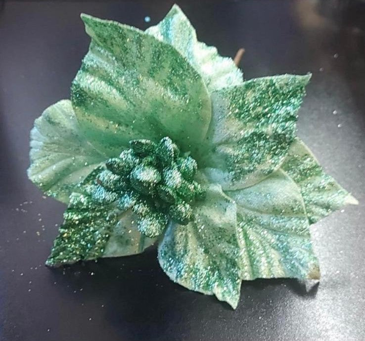 Flori Crăciun verde cu sclipici – model brumat 10/set