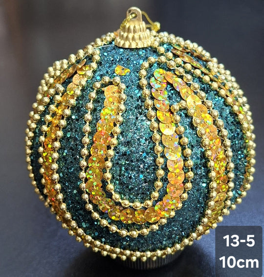 Glob de Crăciun Verde Smarald cu Paiete Aurii și Mărgele Decorative - 10cm