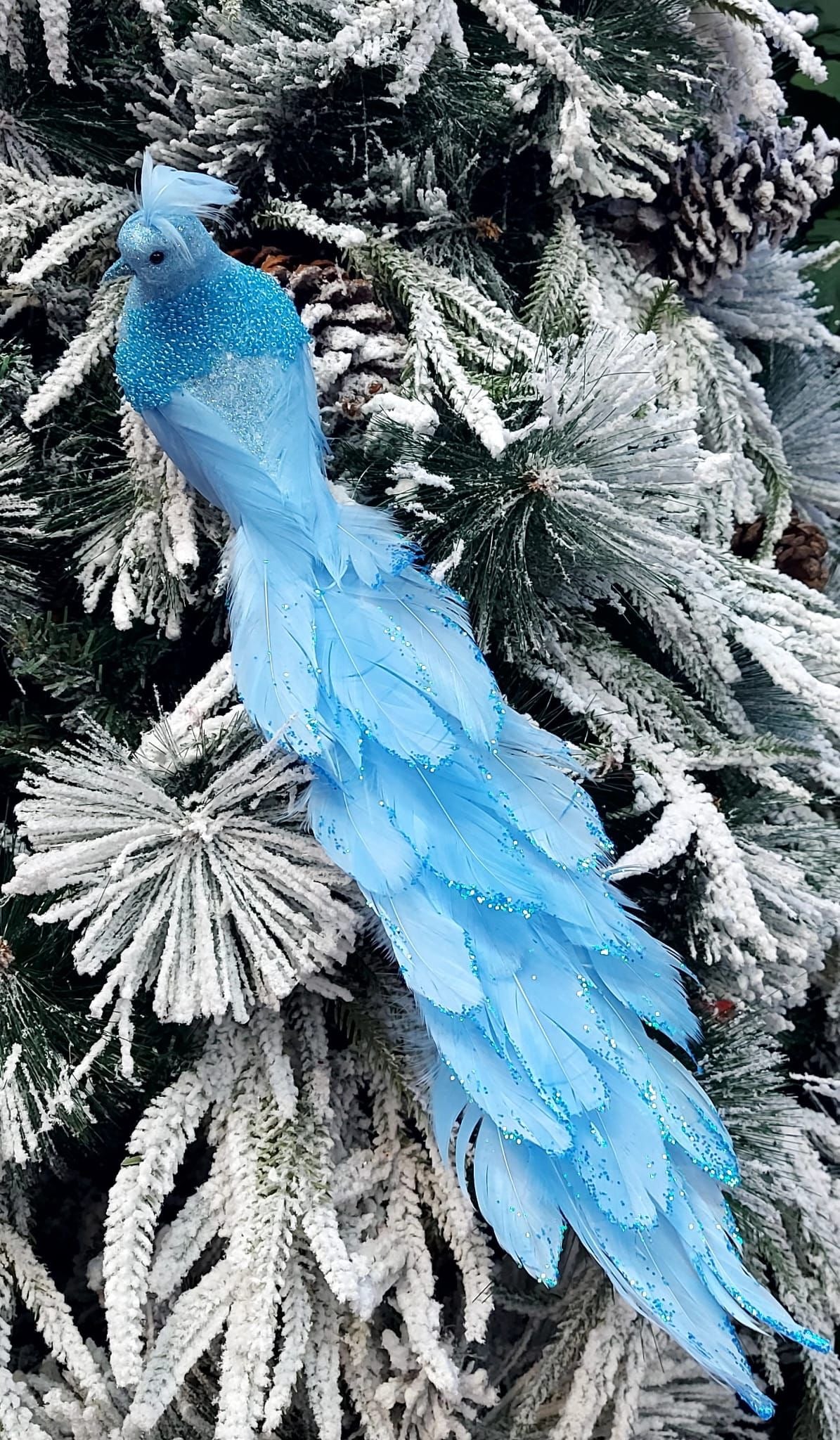 Ornament Crăciun Pasăre Albastră cu Pene și Sclipici