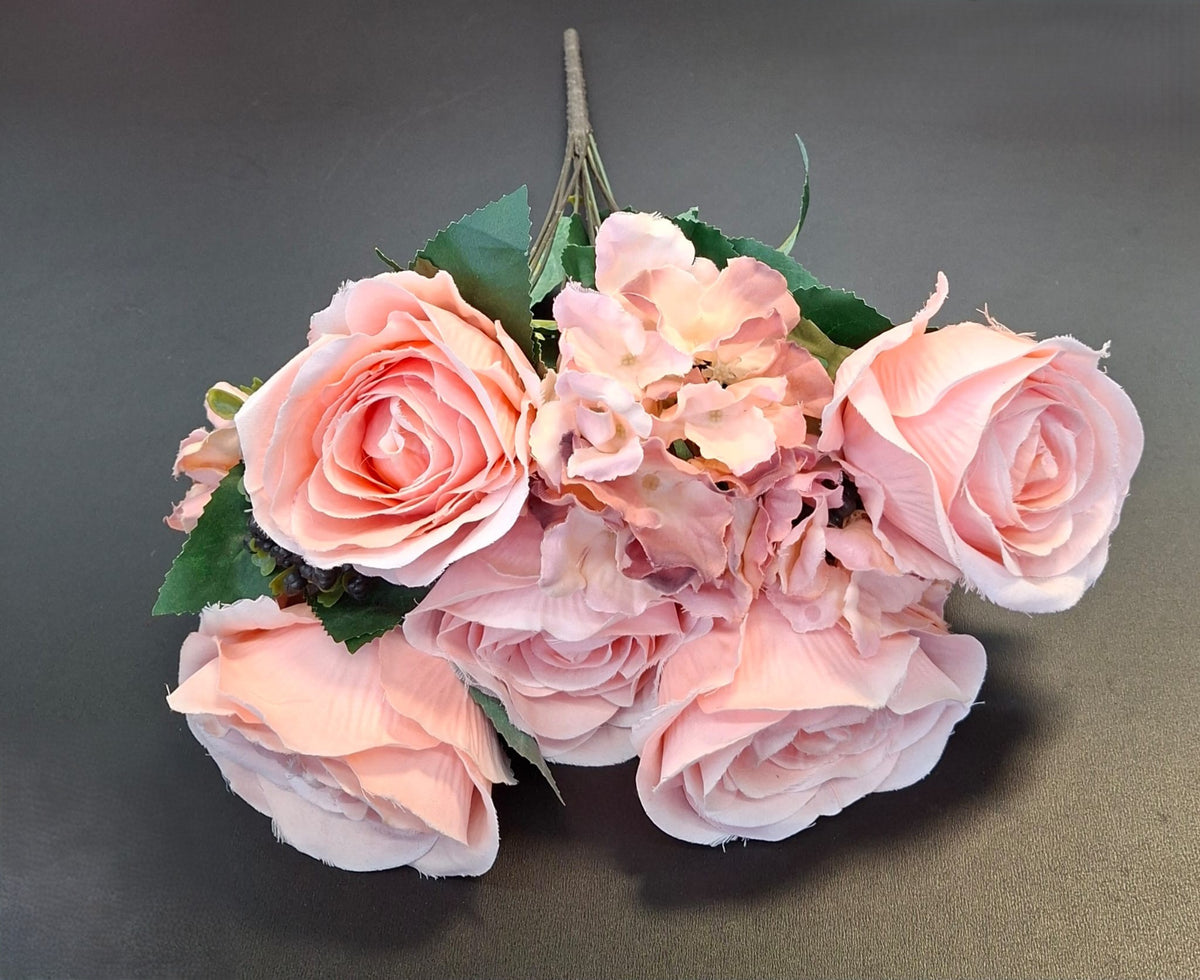 Buchet 5 trandafiri  corai artificiali – 46cm, tije sârmă, material textil