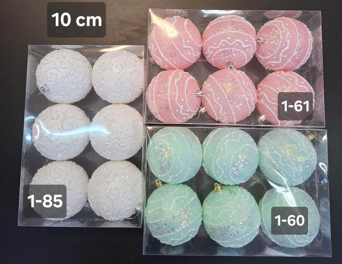 Globuri Crăciun cu sclipici – set 6 buc (alb, roz, verde) - 10cm