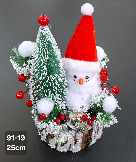 Decorațiune Crăciun om de zăpadă cu brăduț și coș - 25cm