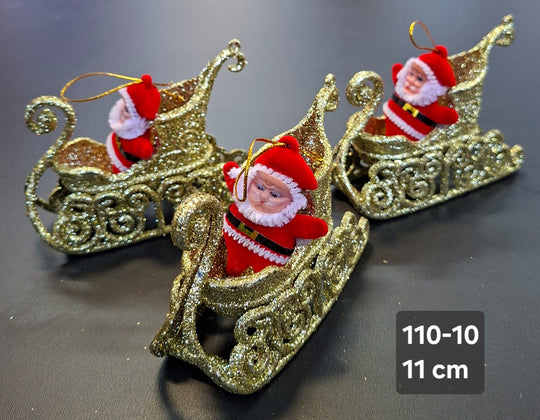 Set 3 decorațiuni Moș Crăciun în sanie aurie - 11cm