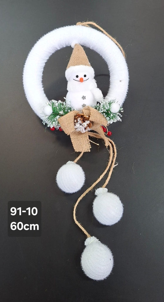 Coroniță Crăciun om de zăpadă rustică albă - 60cm