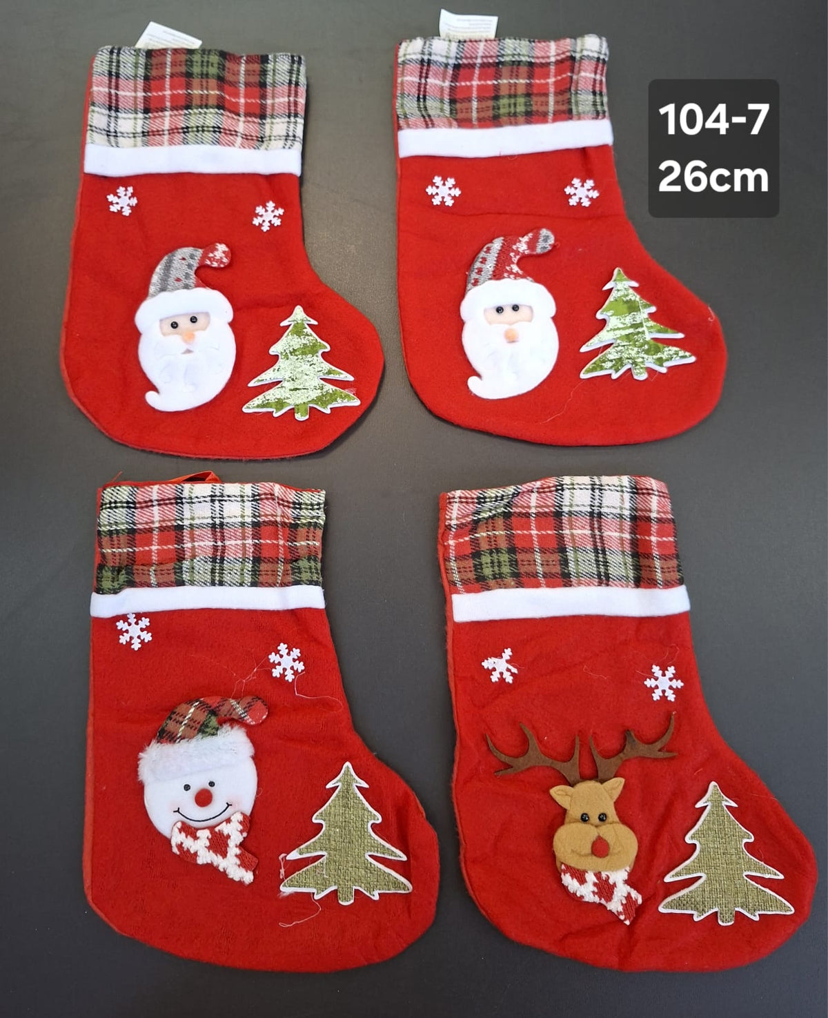 Set 12 ciorapi decorativi Crăciun cu Moș Crăciun, ren și om de zăpadă – 26cm