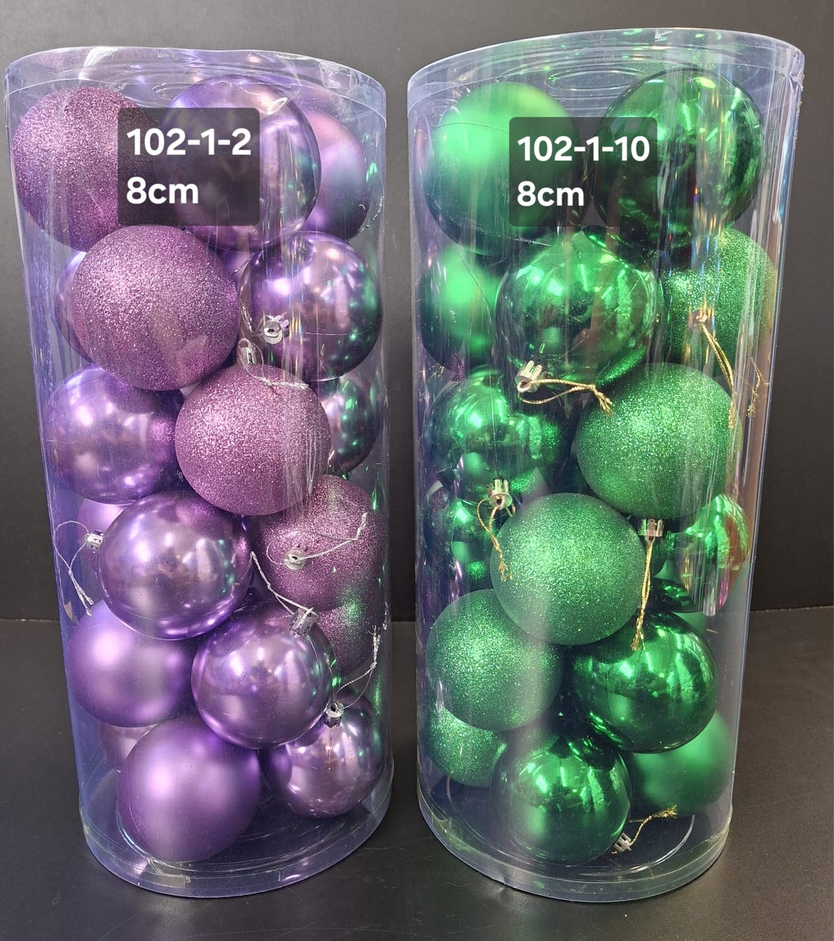 Set globuri Crăciun mov si verzi, finisaj mat, lucios și glitter – 24 buc 8cm
