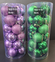 Set globuri Crăciun mov si verzi, finisaj mat, lucios și glitter – 24 buc 8cm