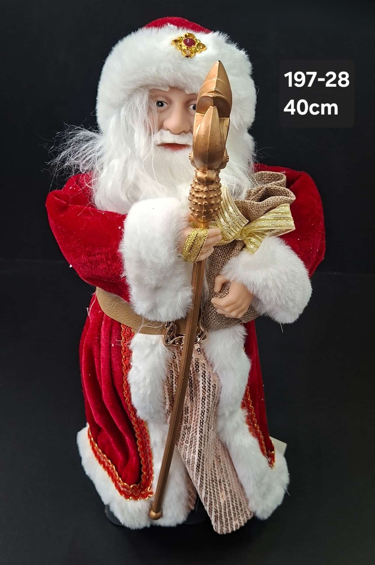 Figurină decorativă Moș Crăciun roșu cu toiag și sac de cadouri - 40cm