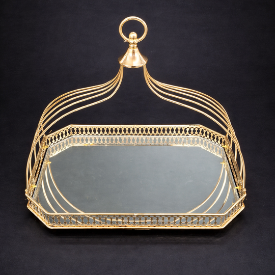 Tavă decorativă aurie cu oglindă și mâner elegant - 35x25cm
