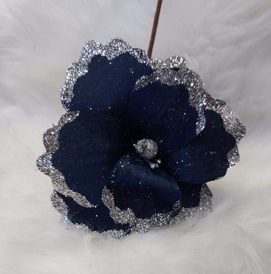 Flori Crăciun bleumarin cu margine argintie 10/set
