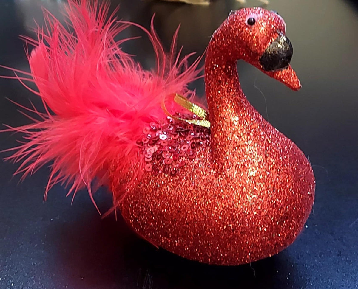 Ornament Crăciun Lebădă Roșie cu Pene și Sclipici - 15cm 5/set