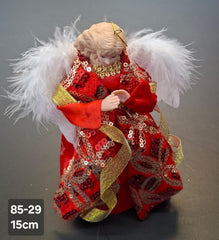 Înger decorativ Crăciun rosu cu aripi din pene  - 15cm 5/set