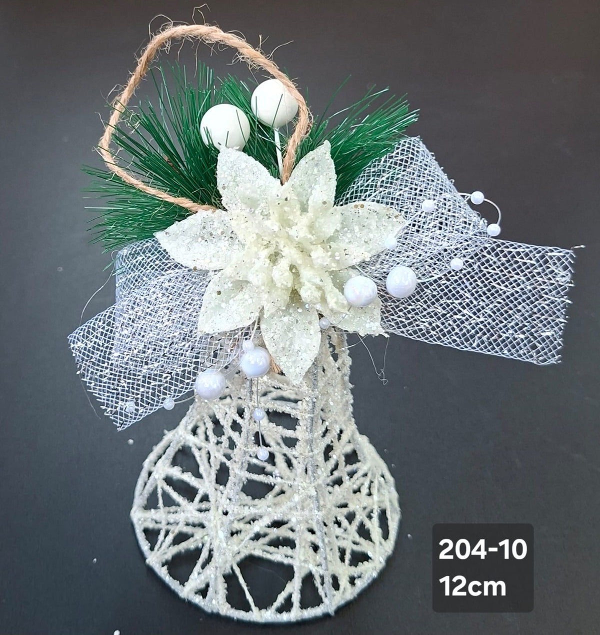 Clopoțel decorativ Crăciun alb cu floare și perlute - 12cm 5/set