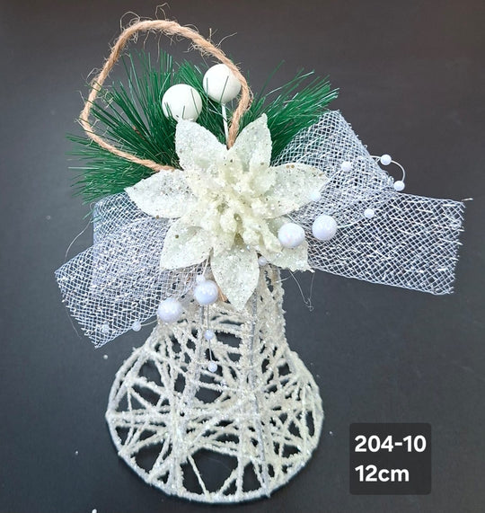 Clopoțel decorativ Crăciun alb cu floare și perlute - 12cm 5/set