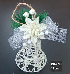 Clopoțel decorativ Crăciun alb cu floare și perlute - 12cm 5/set