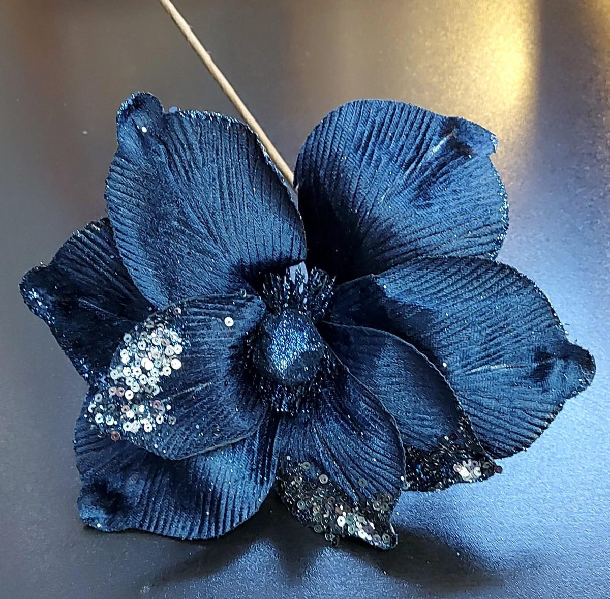 Flori Crăciun albastre cu sclipici și paiete 10/set