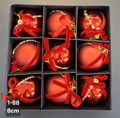 Globuri Crăciun roșii cu fundiță catifea – set 9 buc - 8cm