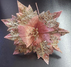 Flori Crăciun roz pudrat cu sclipici auriu - 10/set