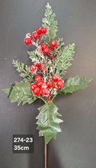 Crenguță artificială de Crăciun cu bobițe roșii și zăpadă artificială – 35cm 10/set