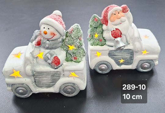 Decor ceramic Crăciun Om de Zăpadă în mașină luminoasă - 10cm 2/set
