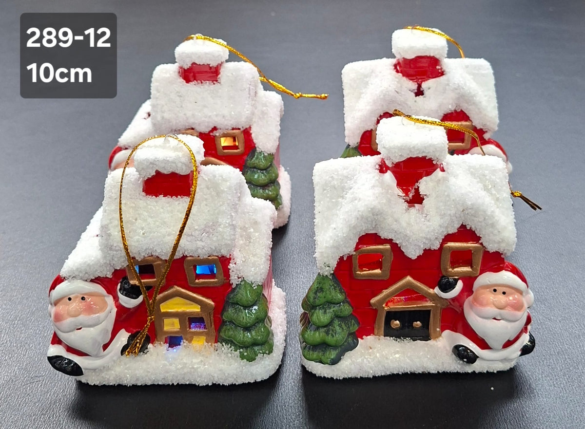 Set 4 Căsuțe luminoase decor ceramic Crăciun roșu cu Moș Crăciun - 10cm