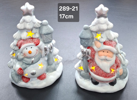 Decor ceramic Crăciun brad luminos cu Moș Crăciun si Om de Zăpadă - 17cm 2/set